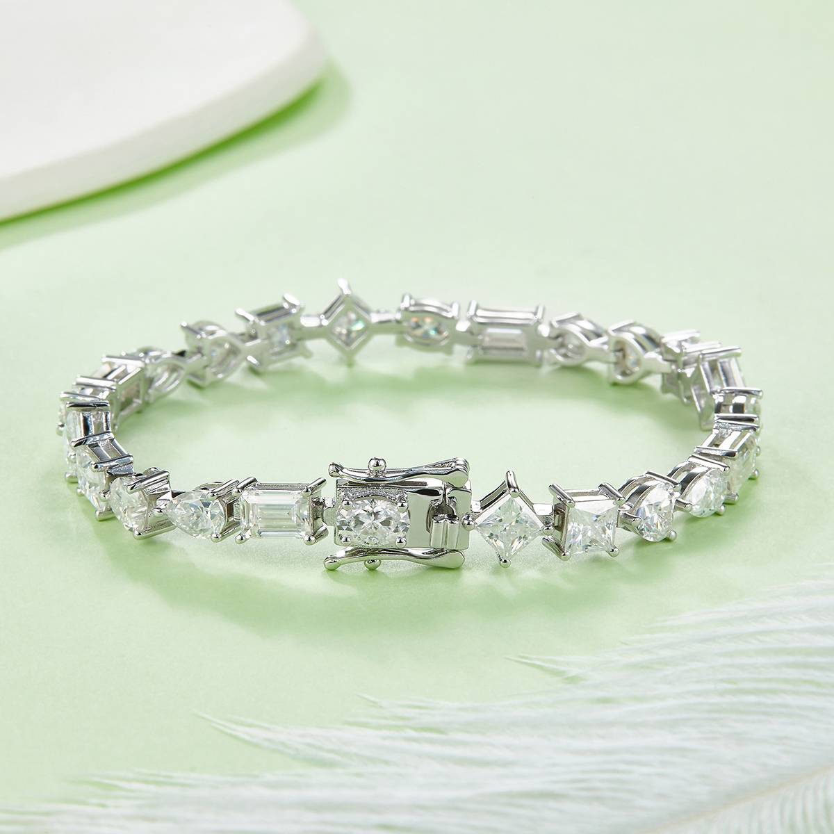 异形拼石网球链S925银镀白金手链莫桑钻0.5CT/粒DVVS